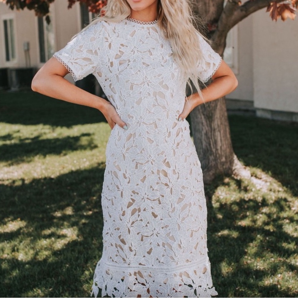 Cream Sheath Midi Dress with Crew Neck dress